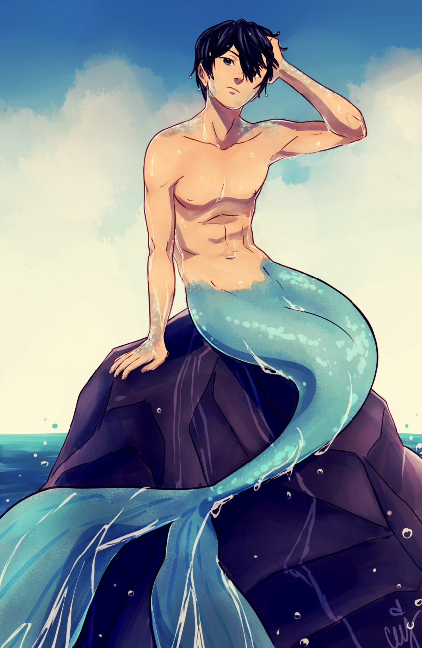 1boy abs bare_arms bare_shoulders black_hair blue_eyes blue_sky ceejles cloud collarbone commentary eyebrows free! hair_between_eyes hand_in_own_hair hand_on_own_head highres lips looking_at_viewer male_focus merman monster_boy nanase_haruka_(free!) nipples ocean outdoors pectorals rock scales short_hair sitting sky solo stomach tail topless_male water wet