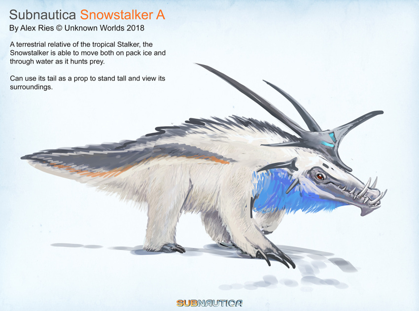 alex_ries alien ambiguous_gender black_body black_fur blue_body blue_fur claws concept_art english_text fangs feral fur glowing horn official_art orange_body orange_fur quadruped snow_stalker_(subnautica) solo subnautica subnautica_below_zero teeth text unknown_worlds_entertainment white_body white_fur