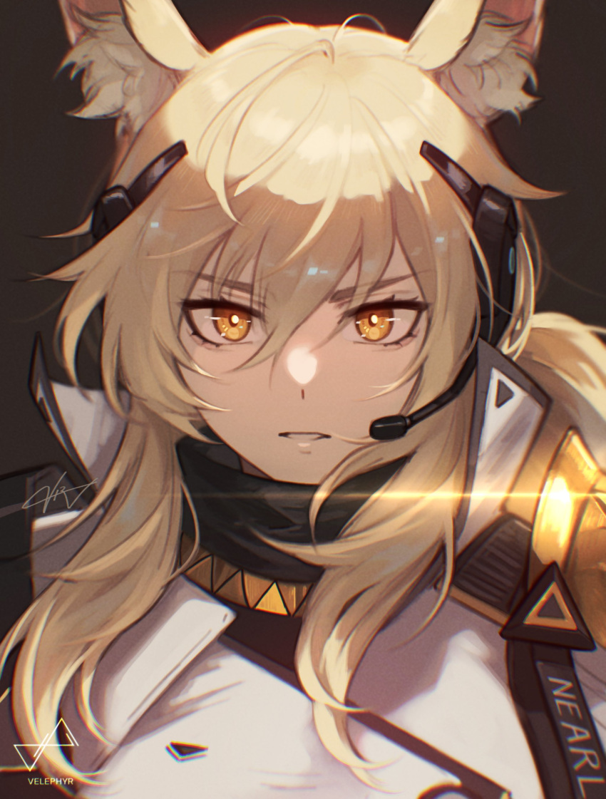 absurdres animal_ear_fluff animal_ears arknights armor blonde_hair character_name coat commentary english_commentary female headset highres horse_ears horse_girl implied_extra_ears lens_flare long_hair looking_at_viewer name_tag nearl_(arknights) nearl_the_radiant_knight_(arknights) orange_eyes shoulder_pads signature solo upper_body velephyr white_coat