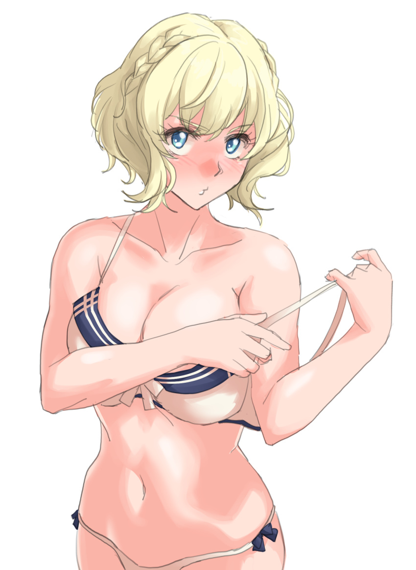 bikini blonde_hair blue_eyes blush breasts cleavage collarbone colorado_(kancolle) cowboy_shot female highres kantai_collection large_breasts navel no_headgear no_headwear short_hair simple_background solo sozan swimsuit white_background white_bikini