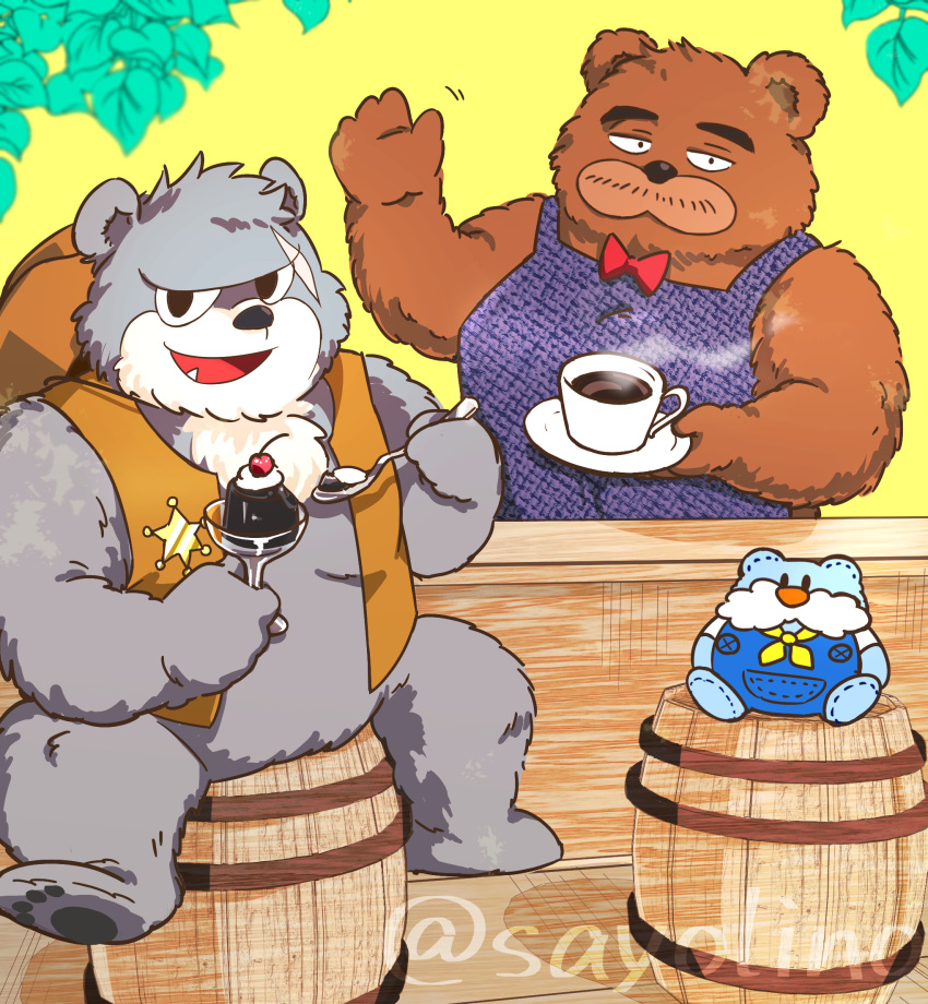 2023 anthro apron bear beverage black_nose bow_tie brew_(kumalino) brown_body brown_fur clothing coffee duo fur grey_body grey_fur hat headgear headwear hi_res kemono kumalino kumamilen mammal plushie roast_(kumalino) sanrio sayolino scar sitting