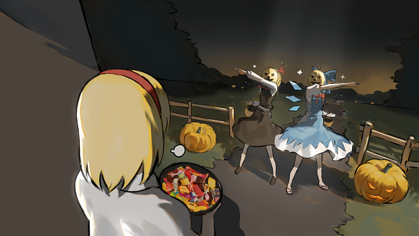 3girls alice_margatroid ascot black_footwear blonde_hair blue_dress blue_hair bow bowl bowtie candy capelet cirno dress english_commentary fence food full_body hairband halloween halloween_bucket henshin_pose highres ice ice_wings jack-o'-lantern mary_janes multiple_girls pinafore_dress pose puffy_short_sleeves puffy_sleeves red_ascot red_bow red_bowtie red_hairband rumia sandals shirt shoes short_hair short_sleeves sleeveless sleeveless_dress sparkle standing teasmacker touhou white_capelet white_shirt white_sleeves wings