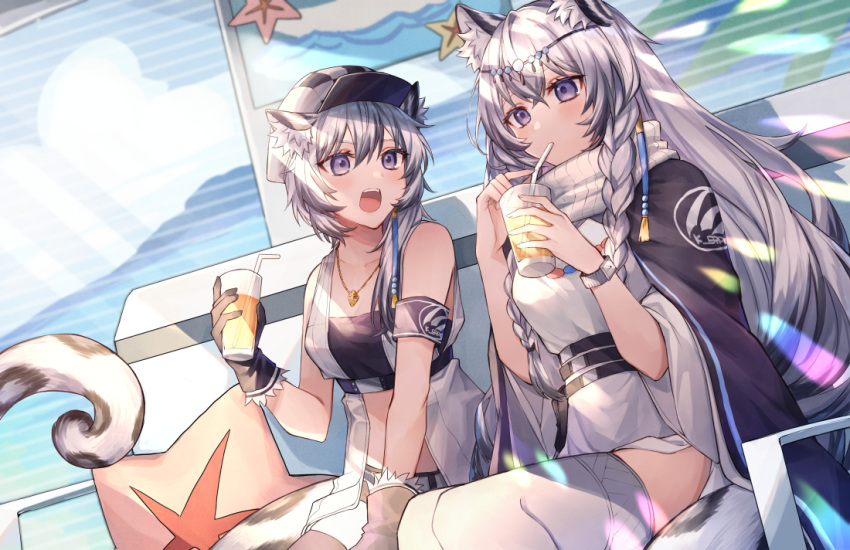 2girls animal_ear_fluff animal_ears arknights armband bandeau bare_arms bare_shoulders bead_necklace beads belt black_belt black_cape black_gloves braid cabbie_hat cape cliffheart_(arknights) commentary coyucom cup drinking_straw gloves grey_eyes grey_hair hair_between_eyes hands_up hat head_chain holding holding_cup jacket jewelry leopard_ears looking_at_another multiple_girls necklace open_mouth pramanix_(arknights) short_hair siblings sisters sitting sleeveless sleeveless_jacket snow_leopard_ears snow_leopard_girl snow_leopard_tail strapless thighhighs tube_top twin_braids white_headwear white_jacket white_legwear