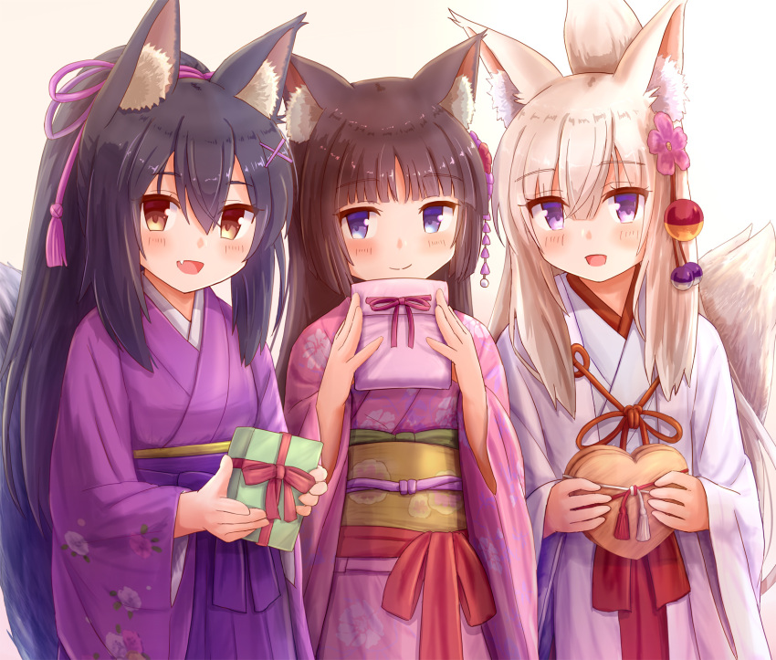 3girls :d animal_ear_fluff animal_ears bag black_hair blue_eyes blush box brown_background brown_eyes brown_hair cat_ears closed_mouth commentary_request floral_print flower folded_ponytail fox_ears fox_girl fox_tail gift gift_bag gift_box gradient_background hair_between_eyes hair_flower hair_ornament hakama hakama_skirt hands_up heart-shaped_box highres holding holding_bag holding_gift iroha_(iroha_matsurika) japanese_clothes kimono koyoi_(iroha_(iroha_matsurika)) kunoichi-chan_(iroha_(iroha_matsurika)) long_hair long_sleeves looking_at_viewer miko multiple_girls mutsuki_(iroha_(iroha_matsurika)) oerba_yun_fang open_mouth original pink_flower pink_kimono print_kimono purple_hakama purple_kimono red_hakama skirt smile tail tail_raised very_long_hair white_background white_hair white_kimono wide_sleeves