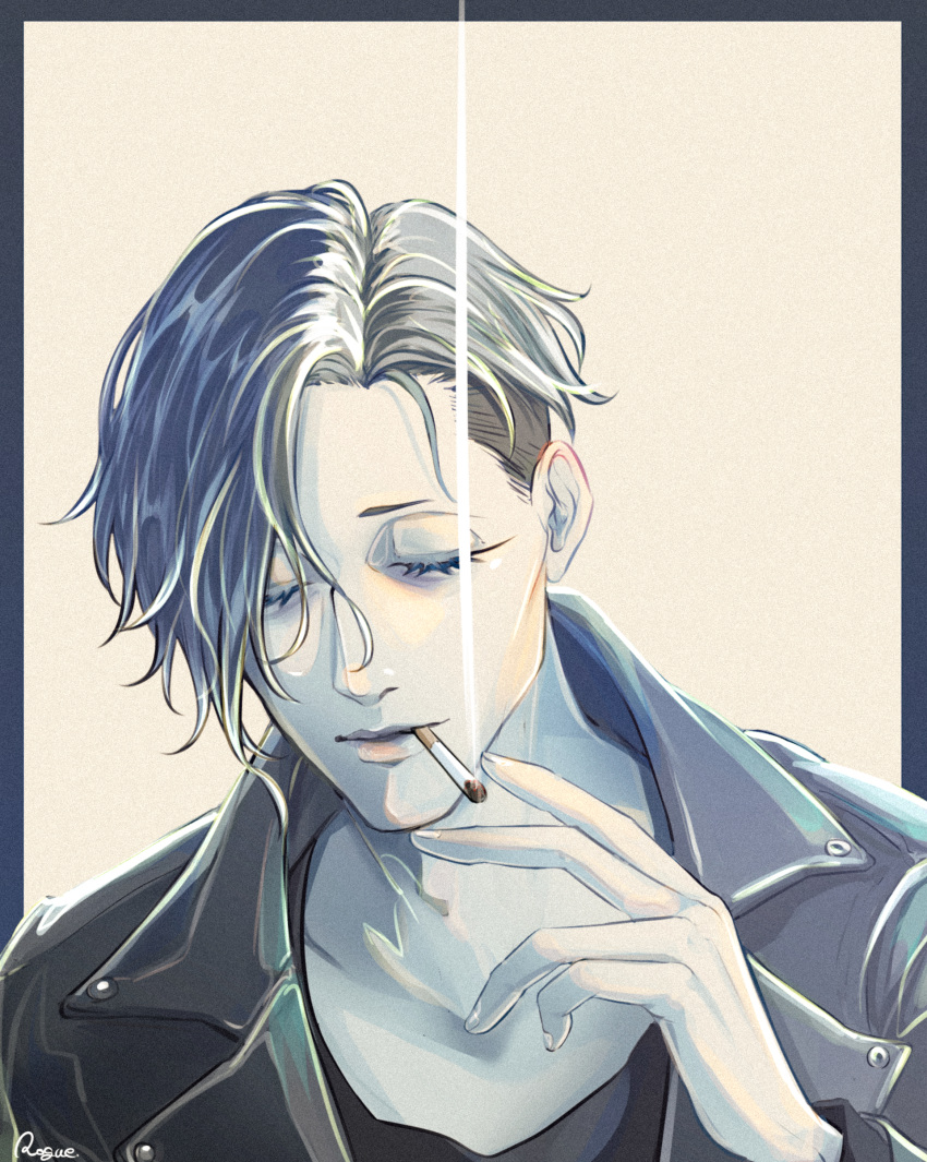 1boy absurdres artist_name ballroom_e_youkoso black_hair cigarette closed_eyes facing_viewer grey_hair hair_over_one_eye highres jacket kugimiya_masami male_focus mouth_hold rogue_rsan simple_background smoking upper_body