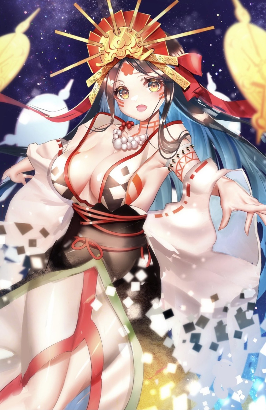 bad_id bad_twitter_id bare_shoulders bead_necklace beads body_markings breasts brown_hair chiachun0621 cleavage collarbone facial_mark fate/grand_order fate_(series) female forehead forehead_mark headpiece highres himiko_(fate) himiko_(third_ascension)_(fate) japanese_clothes jewelry kimono large_breasts long_hair looking_at_viewer mirror necklace night night_sky off_shoulder open_mouth sash sky smile solo star_(sky) starry_sky thighs topknot twintails white_kimono yellow_eyes