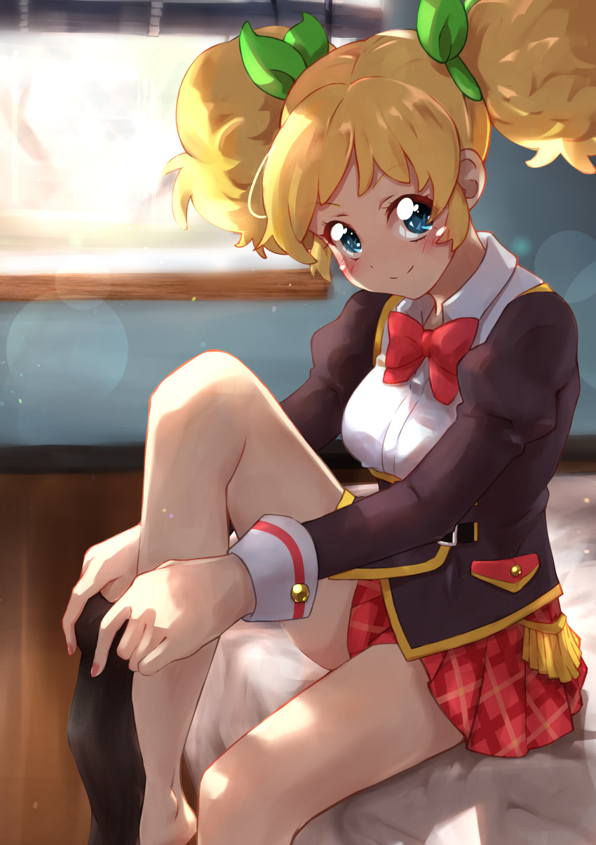 absurdres aikatsu! aikatsu!_(series) bad_id bad_pixiv_id bare_legs barefoot bed bed_sheet black_footwear black_jacket blonde_hair blue_eyes blurry blurry_background blush bow bowtie collared_shirt commentary depth_of_field dream_academy_school_uniform dressing feet_out_of_frame female green_bow hairbow highres indoors jacket lens_flare light_particles long_sleeves looking_at_viewer multiple_hair_bows no_eyewear on_bed plaid plaid_skirt pleated_skirt puffy_sleeves putting_on_legwear red_bow red_bowtie red_skirt saegusa_kii school_uniform shadow shirt sidelocks single_stripe skirt smile solo taiyaki29 thighs twintails white_shirt window window_blinds wooden_floor