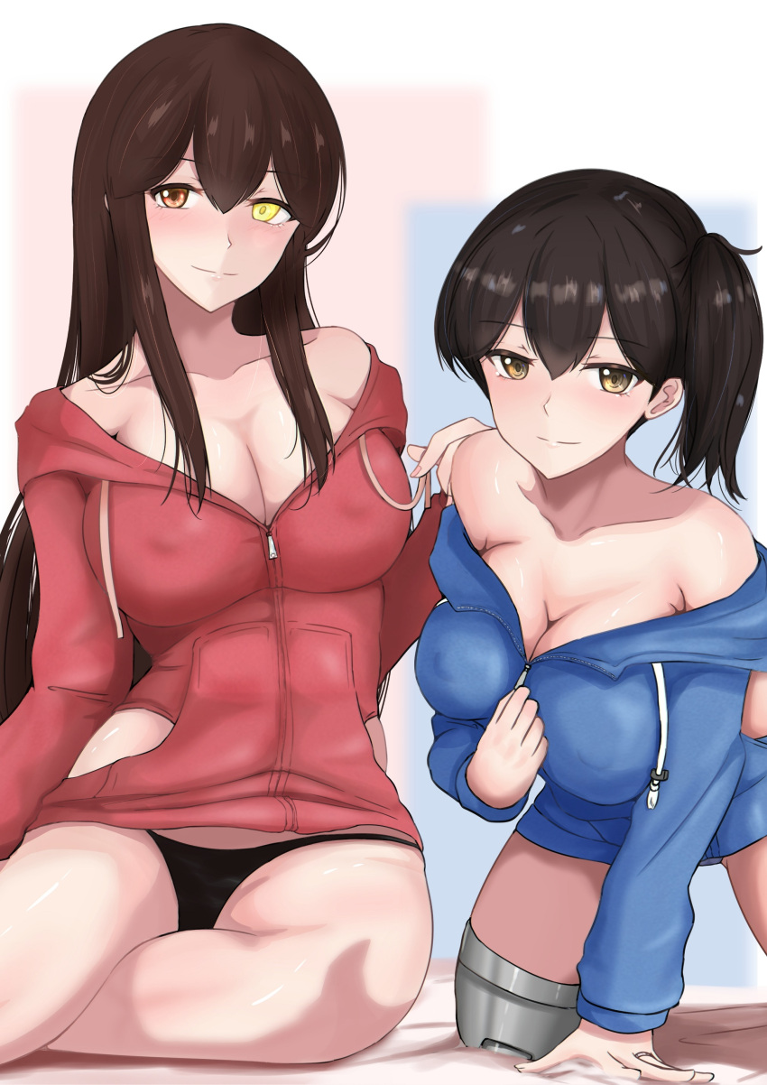 2girls absurdres akagi_(kancolle) akagi_kai_ni_(kancolle) all_fours alternate_costume black_panties blue_jacket breasts brown_eyes brown_hair cleavage heterochromia highres hood hooded_jacket hoodie jacket kaga_(kancolle) kaga_kai_ni_(kancolle) kantai_collection ken_(shutenndouji1) large_breasts long_hair multiple_girls panties red_jacket side_ponytail straight_hair underwear yellow_eyes