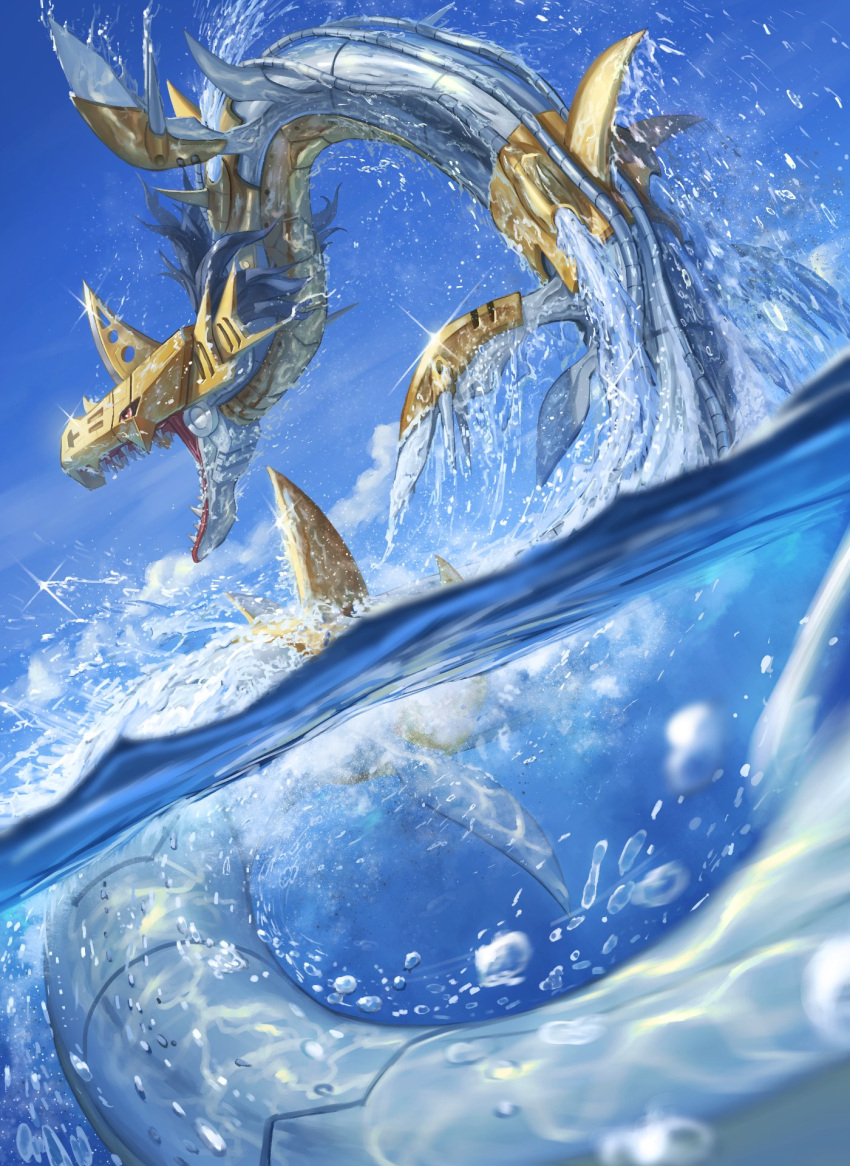 blue_sky cloud commentary day digimon digimon_(creature) dripping glint highres metalseadramon monster no_humans open_mouth outdoors partially_underwater_shot sea_serpent sharp_teeth sky solo spareribs sparkle teeth water water_drop