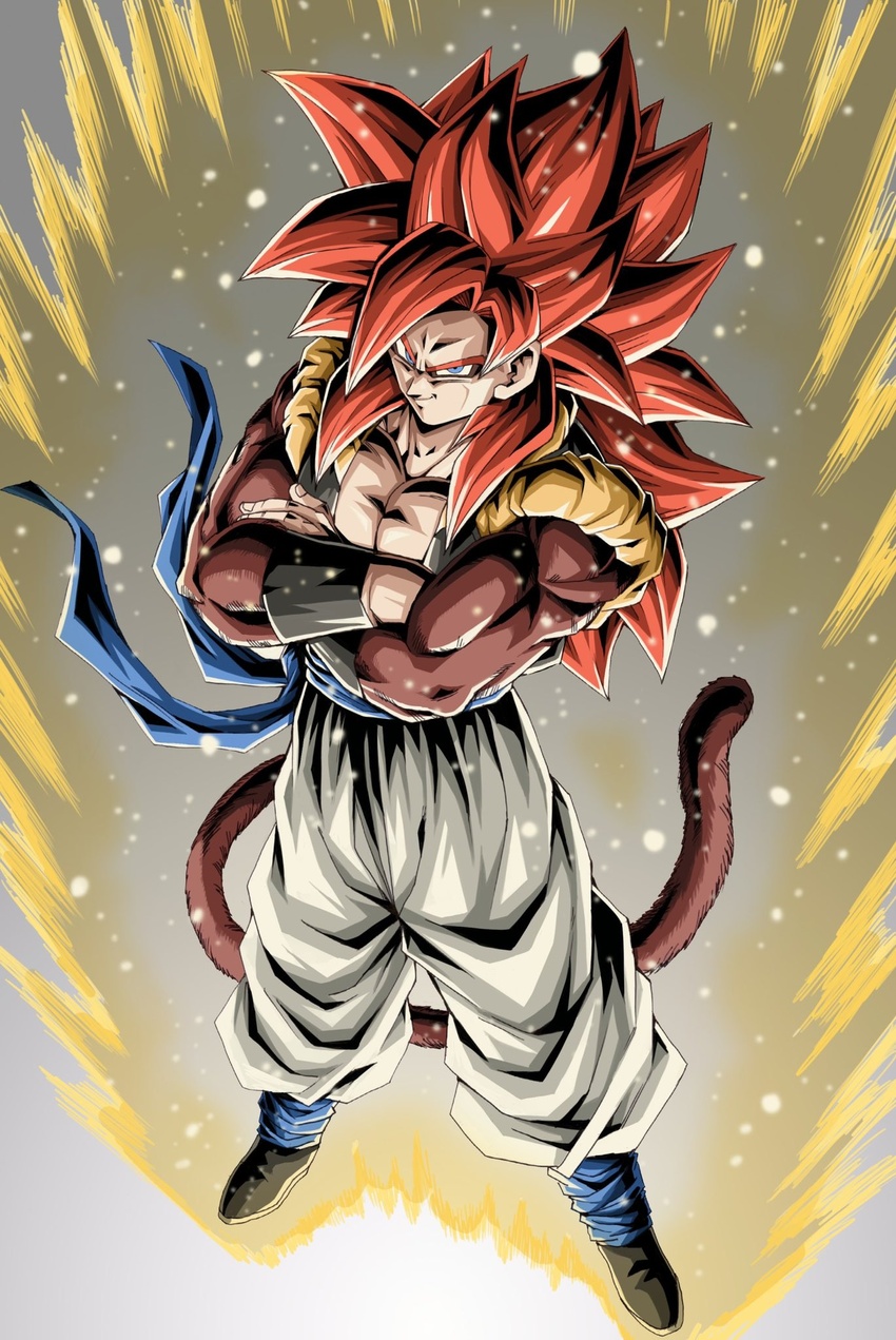 1boy aura bad_id bad_twitter_id biceps blue_eyes body_fur brown_fur closed_mouth crossed_arms dragon_ball dragon_ball_gt full_body gogeta highres male_focus metamoran_vest monkey_boy monkey_tail muscular muscular_male no_nipples obi pants pectoral_cleavage pectorals red_hair sash smirk solo spiked_hair standing super_saiyan super_saiyan_4 tail white_pants youngjijii