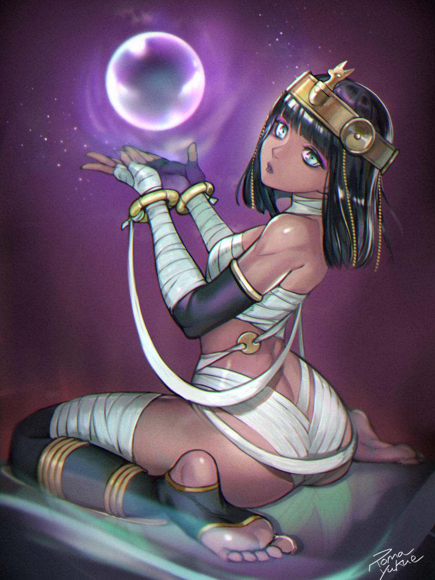 absurdres ass aura back bandaged_arm bandaged_leg bandages barefoot bracelet commentary_request crystal_ball dark-skinned_female dark_skin egyptian eyeshadow feet female fingerless_gloves floating gloves green_eyes head_tilt highres jewelry looking_at_viewer looking_back makeup medium_hair menat naked_bandage official_alternate_costume parted_lips purple_lips roma_yukue single_thighhigh sitting solo street_fighter street_fighter_v thighhighs tiara toeless_legwear toes wariza