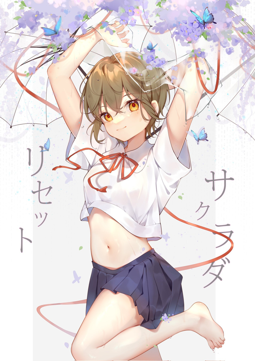 arm_behind_head arms_up bare_legs barefoot black_skirt blue_butterfly brown_hair bug butterfly closed_mouth collared_shirt commentary crop_top female flower hair_between_eyes highres looking_at_viewer midriff moriyama_meiko navel neck_ribbon orange_eyes pleated_skirt purple_flower red_ribbon ribbon sagrada_reset shirt short_hair short_sleeves skirt solo souma_sumire standing standing_on_one_leg stomach thighs translated white_shirt