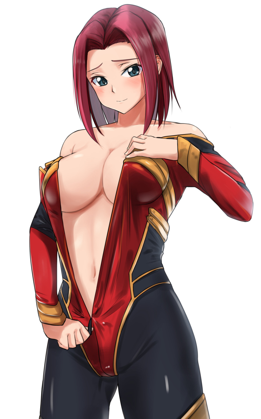 blue_eyes bodysuit breasts cleavage code_geass code_geass:_fukkatsu_no_lelouch cowboy_shot female highres kouzuki_kallen large_breasts md5_mismatch multicolored_bodysuit multicolored_clothes open_bodysuit open_clothes red_hair revision short_hair simple_background solo standing super_robot_wars unzipped unzipping white_background yoo_tenchi