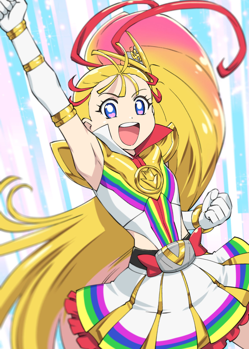 arm_up armpits blonde_hair blue_eyes cosplay cure_summer elbow_gloves female fusion gloves gradient_hair heart heart_in_eye highres kikai_sentai_zenkaiger long_hair looking_at_viewer magical_girl multicolored_clothes multicolored_hair multicolored_shirt multicolored_skirt natsuumi_manatsu open_mouth pink_hair precure shirt skirt sleeveless sleeveless_shirt smile solo super_sentai symbol_in_eye tropical-rouge!_precure two-tone_hair ueyama_michirou very_long_hair white_gloves zenkaizer zenkaizer_(cosplay)