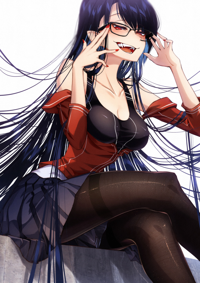 :d bare_shoulders black_pantyhose blue_hair blush breasts channee_(cluseller) cleavage cluseller commentary_request crossed_legs fangs female glasses highres jacket long_hair looking_at_viewer open_mouth original pantyhose pleated_skirt red_eyes red_nails sitting skirt smile solo teeth thighband_pantyhose tsurime vampire very_long_hair