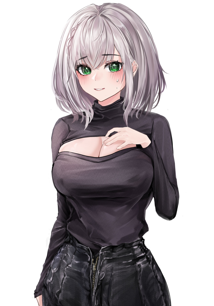 absurdres arm_at_side bad_id bad_twitter_id black_pants black_sweater blush braid breasts cleavage cleavage_cutout clothing_cutout cowboy_shot female green_eyes grey_hair hand_on_own_chest hand_up highres hololive korean_commentary large_breasts long_sleeves looking_at_viewer medium_hair meme_attire mookie_(e_mook9) open-chest_sweater pants parted_lips shirogane_noel simple_background single_braid solo sweatdrop sweater virtual_youtuber wavy_hair white_background zipper zipper_pull_tab