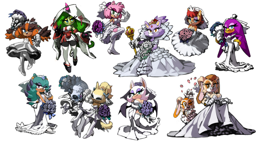 6+girls amy_rose animal_ears badger_girl bat_ears bat_girl bat_wings bird_girl bittenhard blaze_the_cat blue_eyes bouquet breezie_the_hedgehog bridal_veil brown_eyes brown_fur cat_ears cat_girl closed_eyes cream_the_rabbit dress eyelashes flower forehead_jewel furry furry_female green_eyes grey_fur highres holding holding_bouquet japanese_clothes multiple_girls pantyhose pink_fur purple_eyes purple_fur rouge_the_bat sally_acorn side_slit simple_background smile sonic_(series) squirrel_girl sticks_the_badger tangle_the_lemur thighhighs tiara vanilla_the_rabbit veil wataboushi wave_the_swallow wedding_dress whisper_the_wolf white_background white_footwear white_fur white_pantyhose white_thighhighs wings yellow_eyes yellow_fur zeena