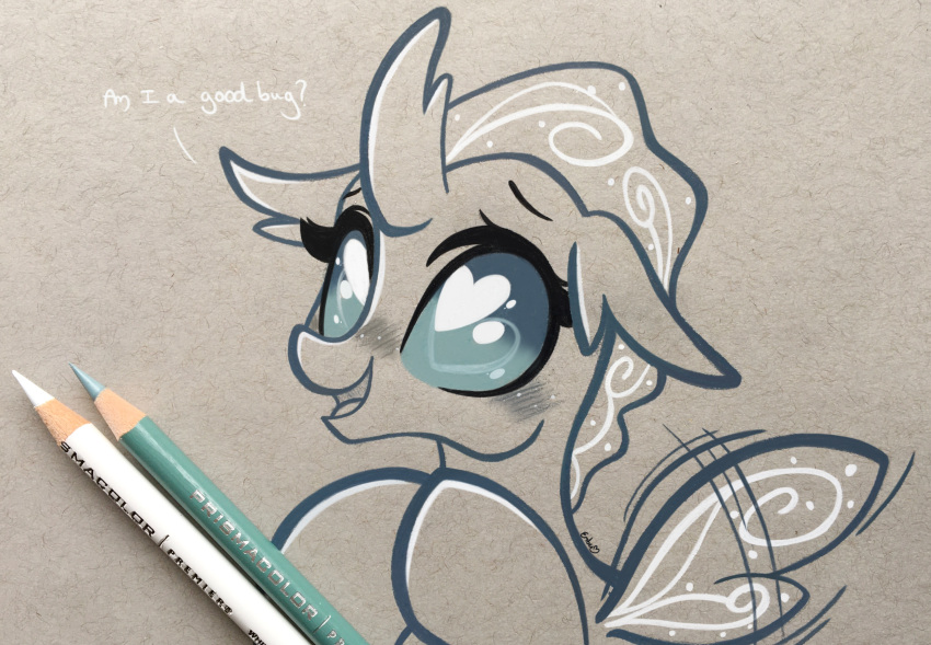 absurd_res arthropod changeling dialogue emberslament english_text female flapping_wings friendship_is_magic graphite_(artwork) hasbro heart_eyes heart_symbol hi_res horn motion_lines my_little_pony ocellus_(mlp) pencil_(artwork) pencil_(object) restricted_palette solo text traditional_media_(artwork)