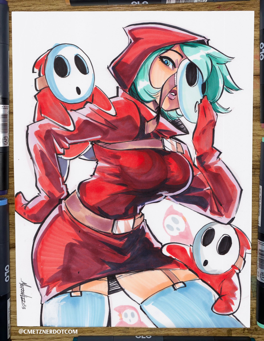 blue_eyes blue_hair borrowed_character buckle chris_metzner dress female genderswap_(mtf) hand_on_own_hip highres holding holding_mask long_hoodie mario_(series) mask peeping pencil_dress personification red_hood rule_63 short_hair shy_gal shy_guy signature thighhighs