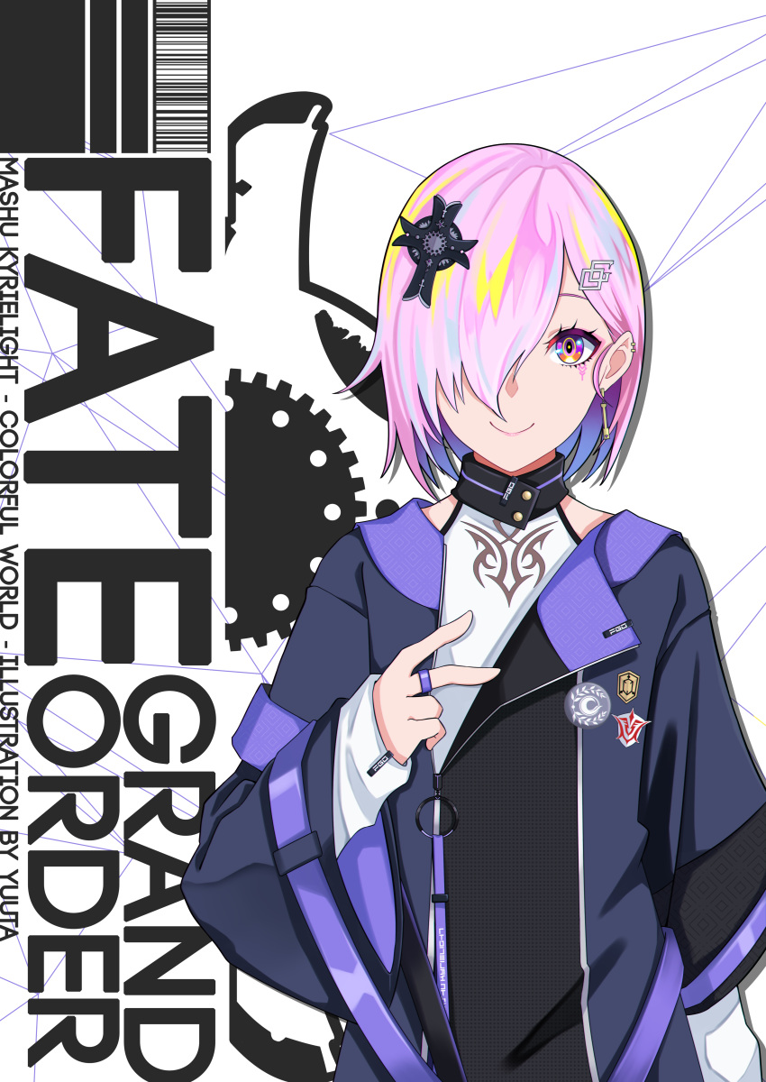 absurdres alternate_costume black_jacket character_name closed_mouth commentary_request copyright_name eyebrows_hidden_by_hair fate/grand_order fate_(series) female hair_ornament hair_over_one_eye highres inward_v jacket long_sleeves looking_at_viewer mash_kyrielight pink_hair purple_eyes shirt sleeves_past_wrists smile solo upper_body v white_background white_shirt yuuta_(yuuta0312)