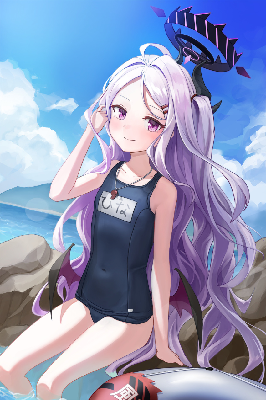 adjusting_hair ahoge bad_id bad_pixiv_id blue_archive blue_hair blue_one-piece_swimsuit blue_sky cloud cloudy_sky collarbone commentary demon_girl demon_horns demon_wings female forehead geomissword halo highres hina_(blue_archive) hina_(swimsuit)_(blue_archive) horns light_blue_hair long_hair looking_at_viewer mountainous_horizon name_tag ocean old_school_swimsuit one-piece_swimsuit one_side_up parted_bangs purple_eyes school_swimsuit sidelocks sitting sky smile soaking_feet solo swimsuit translated whistle whistle_around_neck wings