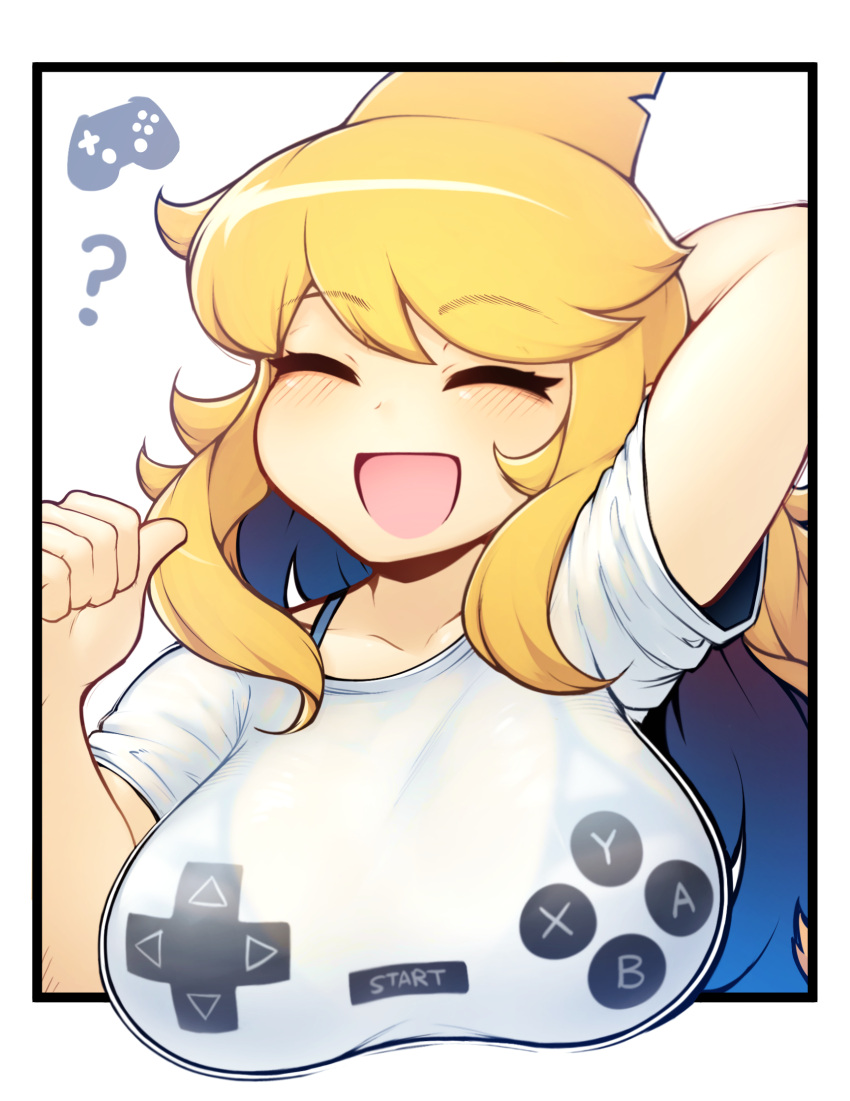 ? apricot_(d-floe) arm_behind_head arm_up blonde_hair blush breasts closed_eyes collarbone d-floe facing_viewer female fins game_controller_print head_fins highres large_breasts open_mouth original see-through see-through_shirt shark_girl shirt smile solo swept_bangs white_shirt