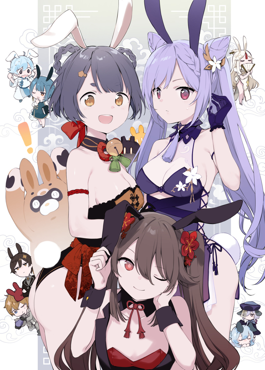 ! 4boys 6+girls ;) absurdres animal_ears ass bare_shoulders black_hair braid breasts brown_hair chibi china_dress chinese_clothes chongyun_(genshin_impact) cleavage closed_eyes commentary double_bun dress flower fujiyama ganyu_(genshin_impact) genshin_impact gloves guoba_(genshin_impact) hair_bun hair_flower hair_ornament half-closed_eyes hand_fan hat highres hu_tao_(genshin_impact) jiangshi keqing_(genshin_impact) leotard looking_at_viewer medium_breasts multiple_boys multiple_girls ningguang_(genshin_impact) one_eye_closed open_mouth panda playboy_bunny qiqi_(genshin_impact) rabbit_ears red_eyes short_hair sleeveless sleeveless_dress slime_(genshin_impact) smile star-shaped_pupils star_(symbol) symbol-shaped_pupils tartaglia_(genshin_impact) twin_braids twintails vest wrist_cuffs xiangling_(genshin_impact) xingqiu_(genshin_impact) yellow_eyes zhongli_(genshin_impact)