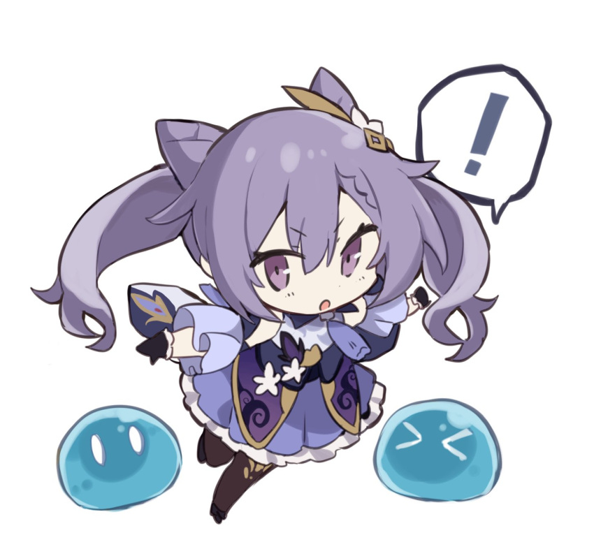 ! >_< bad_id bad_twitter_id breasts chibi cone_hair_bun dress female freenote_mr full_body genshin_impact gloves hair_between_eyes hair_bun highres keqing_(genshin_impact) long_hair looking_at_viewer pantyhose purple_eyes purple_hair simple_background slime_(genshin_impact) solo speech_bubble twintails white_background