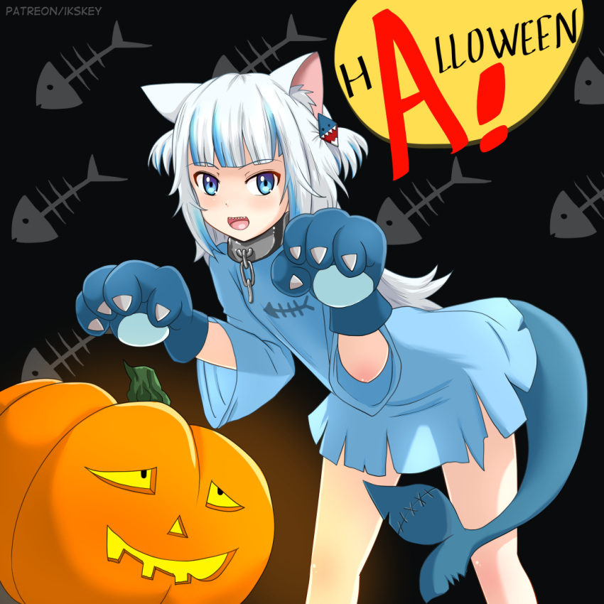 :d alternate_costume animal_ear_fluff animal_ears animal_hands blue_dress blue_hair blunt_bangs chains collar commentary dress female fins fish_tail gawr_gura gloves grey_hair hololive hololive_english huyase jack-o'-lantern leaning_forward long_hair looking_at_viewer metal_collar multicolored_hair paw_gloves shark_girl shark_tail sharp_teeth smile solo tail teeth torn_clothes torn_dress two-tone_hair two_side_up virtual_youtuber wide_sleeves