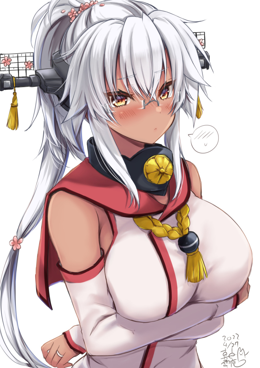 absurdres alternate_hairstyle blush breasts brown_eyes cosplay crossed_arms dark-skinned_female dark_skin detached_sleeves embarrassed female glasses grey_hair headgear highres kantai_collection large_breasts long_hair looking_at_viewer mashiro_yukiya musashi_(kancolle) musashi_kai_ni_(kancolle) ponytail sailor_collar simple_background solo spoken_blush white_background yamato_(kancolle) yamato_(kancolle)_(cosplay)