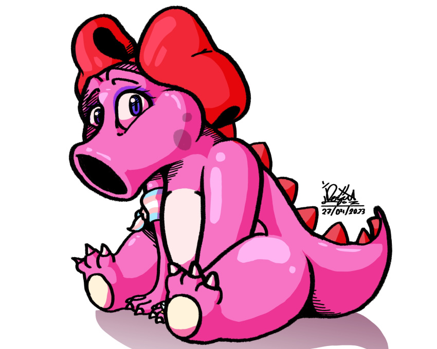 5:4 birdo birdo_(character) desga dinosaur extinct female hi_res humanoid lgbt_pride mario_bros nintendo prehistoric_species pride_colors reptile scalie simple_background siphon_(anatomy) solo trans_(lore) trans_woman_(lore) transgender_pride_colors