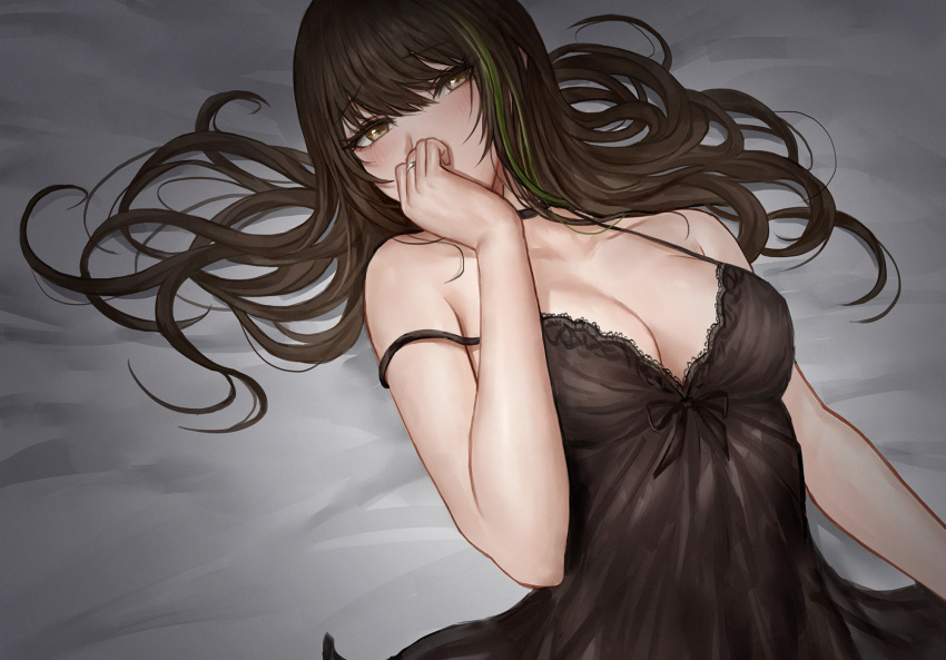 bare_arms bare_shoulders bed_sheet blush breasts brown_eyes brown_hair camisole chinese_commentary cleavage collarbone commentary_request covering_own_mouth female girls'_frontline green_hair highres jewelry long_hair m4a1_(girls'_frontline) medium_breasts mixed-language_commentary multicolored_hair ring selcky solo strap_slip streaked_hair two-tone_hair underwear underwear_only upper_body