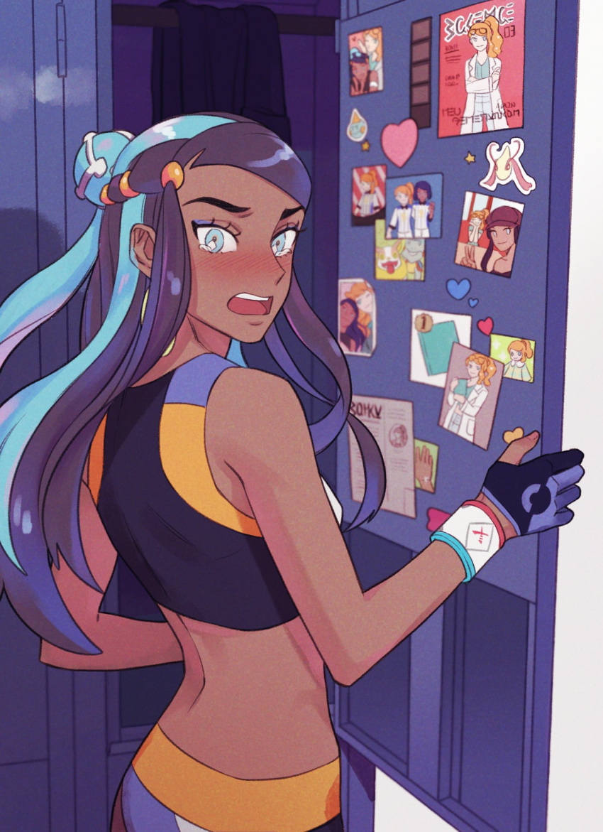 bike_shorts black_hair blue_eyes blue_eyeshadow blue_hair blush chatea chewtle commentary crop_top dark-skinned_female dark_skin dynamax_band embarrassed eyelashes eyeshadow female gloves hair_bun highres implied_yuri indoors locker long_hair looking_to_the_side makeup midriff milotic multicolored_hair nessa_(pokemon) open_mouth partially_fingerless_gloves photo_(object) pokemon pokemon:_twilight_wings pokemon_(anime) pokemon_journeys pokemon_swsh protected_link single_hair_bun solo sonia_(pokemon) symbol-only_commentary tearing_up teeth tongue two-tone_hair yamper