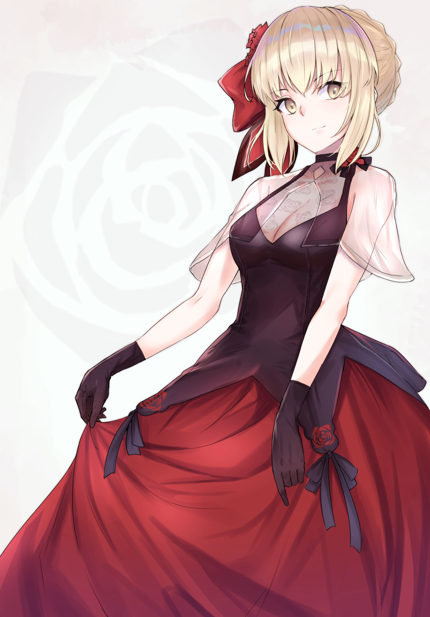 absurdres alternate_costume artoria_pendragon_(fate) bare_arms black_bow black_dress black_gloves blonde_hair bow braid breasts cleavage closed_mouth commentary_request dress fate/stay_night fate_(series) female floral_print flower gloves grey_background hair_flower hair_ornament hair_ribbon highres looking_at_viewer m.tokotsu medium_breasts red_bow red_dress red_flower red_ribbon ribbon rose rose_print saber_(fate) saber_(fgo_x_takarazuka_kinen)_(fate) saber_alter see-through see-through_cleavage short_hair simple_background sleeveless sleeveless_dress smile solo white_background yellow_eyes