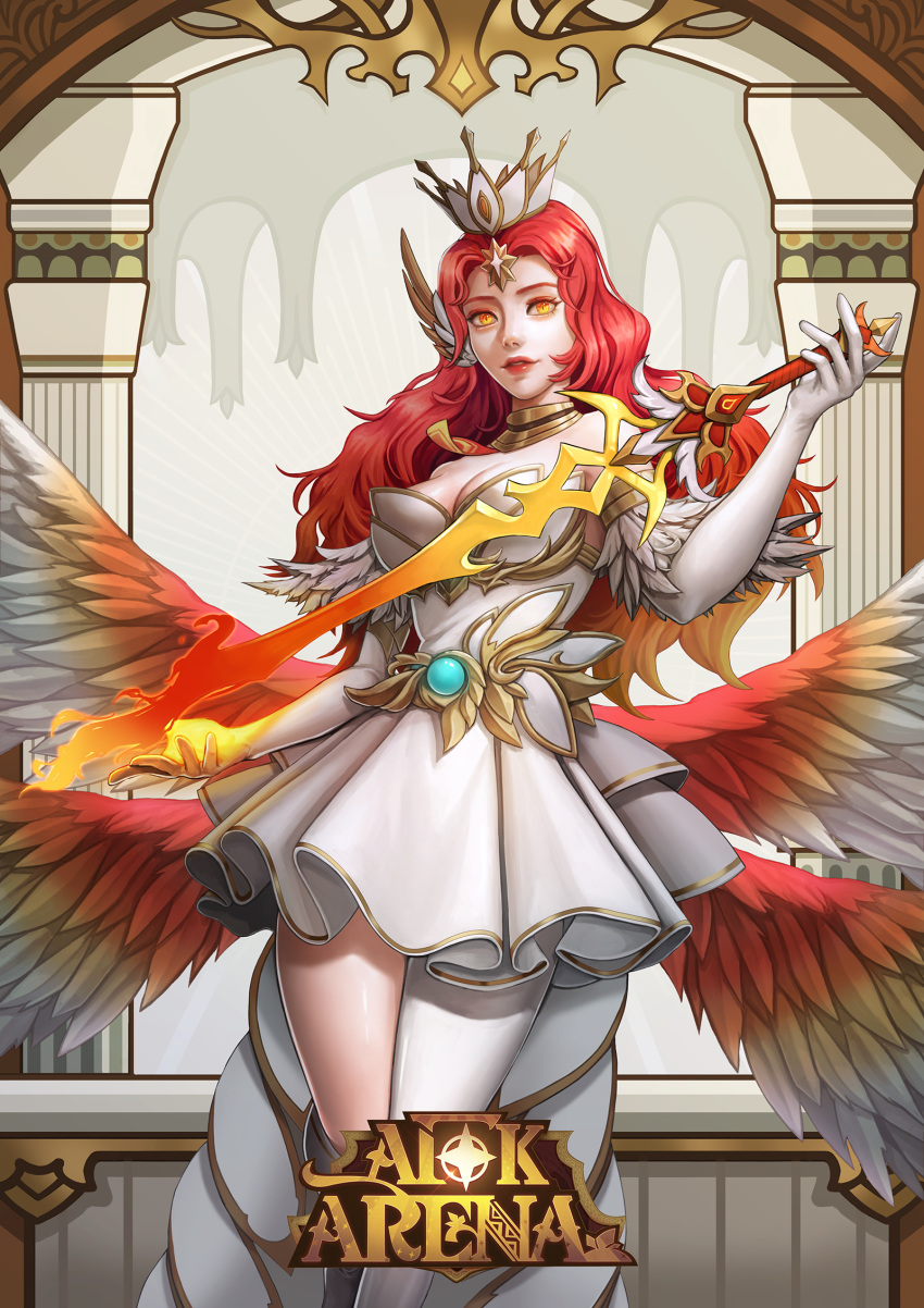 afk_arena copyright_name crown dress elbow_gloves feather_hair_ornament feathered_wings feathers female flaming_sword flaming_weapon gloves hair_ornament highres holding holding_sword holding_weapon long_hair n-i-s-s-i orange_eyes red_hair solo standing sword talene_(afk_arena) weapon white_dress white_gloves wings