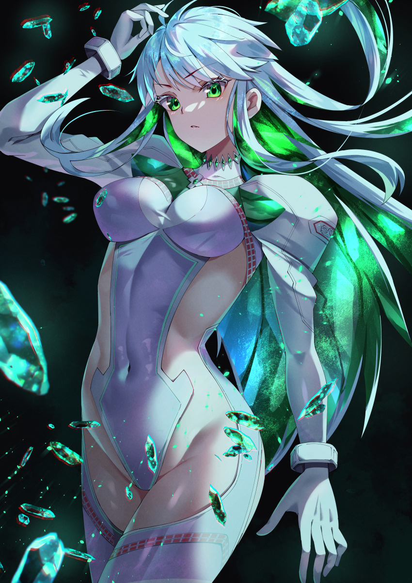 absurdres boots breasts colored_inner_hair covered_navel cropped_jacket crystal crystal_hair fate/grand_order fate_(series) female gloves green_eyes green_hair highres jacket juliet_sleeves kukulkan_(fate) kukulkan_(second_ascension)_(fate) large_breasts leotard long_hair long_sleeves looking_at_viewer multicolored_hair one_heart1201 puffy_sleeves shrug_(clothing) sideless_outfit sidelocks solo thigh_boots thighs white_footwear white_gloves white_hair white_jacket white_leotard