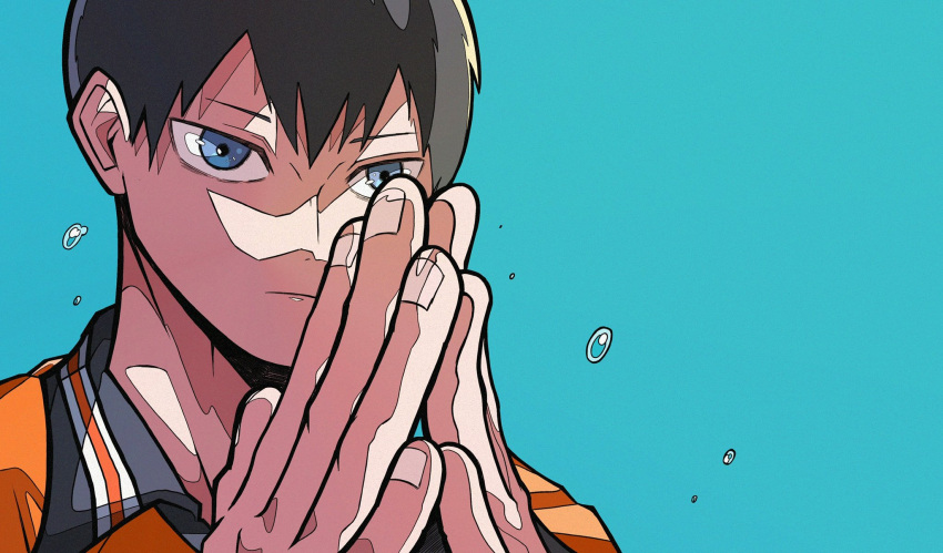 1boy black_hair blue_background blue_eyes chappii_(paon_gunsou) closed_mouth commentary_request fingernails haikyuu!! hair_between_eyes highres jersey kageyama_tobio karasuno_volleyball_uniform male_focus own_hands_together short_hair solo sportswear sweat volleyball_uniform