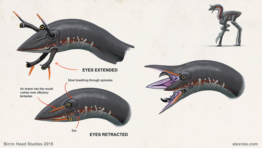 4_eyes 6_legs alex_ries alien ambiguous_gender birrin english_text eyestalks fangs feral grey_body grey_skin multi_eye multiple_images open_mouth orange_body orange_skin solo standing text white_body white_skin