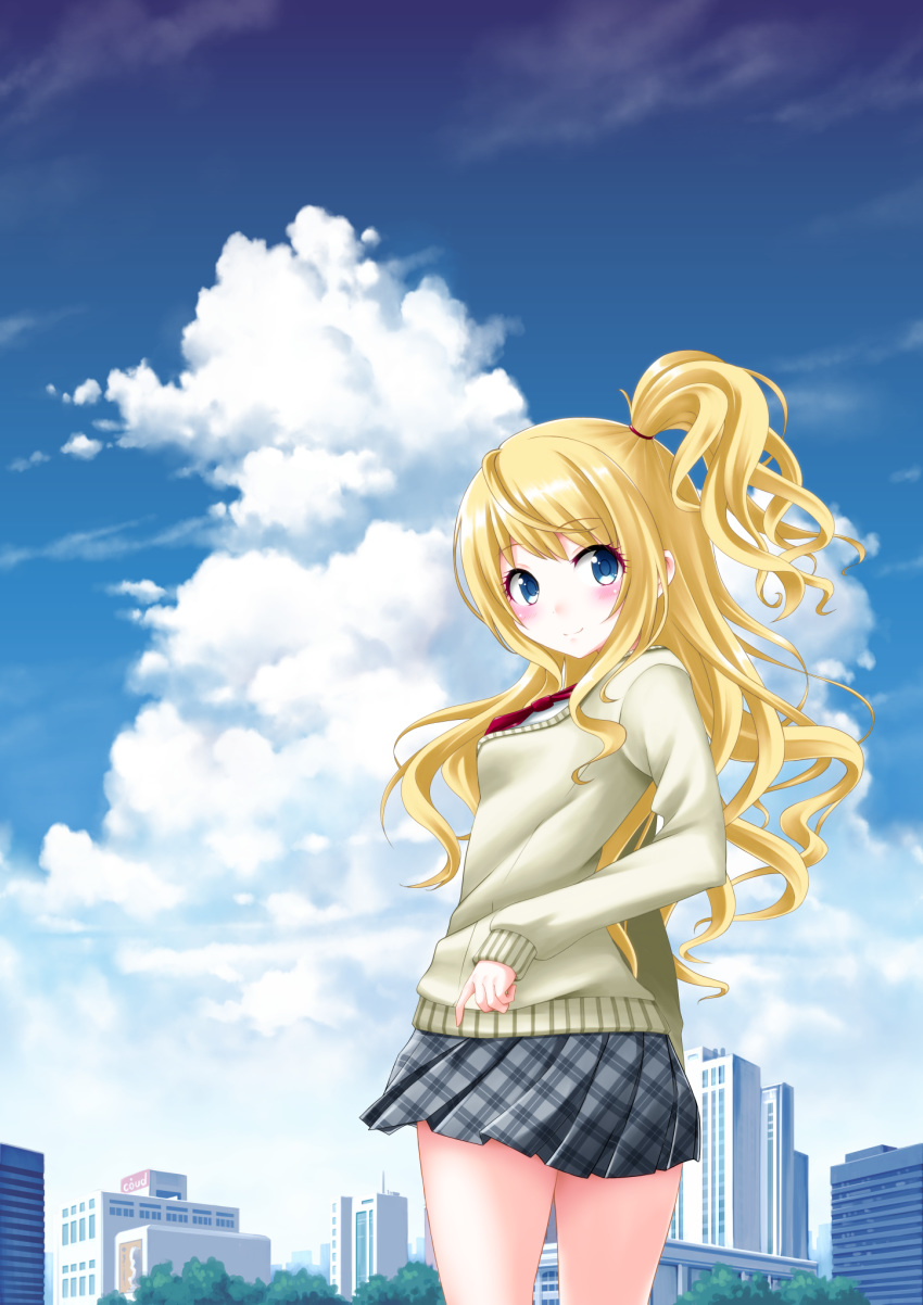 blonde_hair blue_eyes blue_sky blush breasts building cardigan closed_mouth cloud cloudy_sky commentary_request cowboy_shot day female grey_skirt grey_sweater highres kaze_makase long_hair looking_at_viewer looking_back necktie one_side_up outdoors plaid plaid_skirt pleated_skirt princess_connect! red_necktie school_uniform side_ponytail skirt sky skyscraper sleeves_past_wrists small_breasts smile solo split_mouth standing suzuna_(princess_connect!) suzuna_(real)_(princess_connect!) sweater very_long_hair