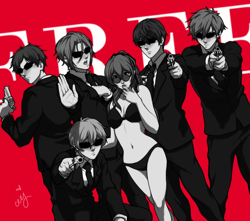 5boys bikini breasts brother_and_sister ceejles cleavage closed_mouth collared_shirt commentary copyright_name dress_shirt english_commentary female finger_to_mouth formal free! future_fish gun handgun hazuki_nagisa highres holding holding_gun holding_weapon jacket long_hair long_sleeves looking_at_viewer matsuoka_gou matsuoka_rin monochrome multiple_boys nanase_haruka_(free!) navel necktie pants ponytail red_background ryuugazaki_rei shirt short_hair siblings standing suit sunglasses swimsuit tachibana_makoto weapon white_shirt