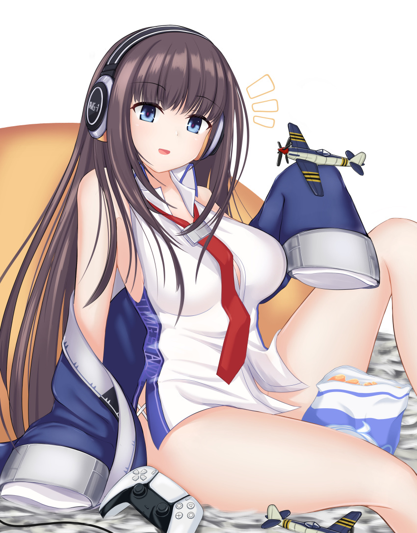 absurdres aircraft airplane azur_lane bad_id bad_pixiv_id bag_of_chips blue_eyes blue_jacket breasts brown_hair chips_(food) collared_shirt commentary female food headphones highres jacket large_breasts long_hair long_island_(azur_lane) long_island_(retrofit)_(azur_lane) long_sleeves loose_necktie mastersprouts model_airplane necktie no_pants off_shoulder playstation_controller red_necktie shirt simple_background sleeveless sleeveless_shirt solo thighs westland_wyvern white_shirt