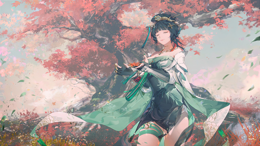 absurdres autumn_leaves blunt_bangs breasts chinese_clothes cleavage closed_eyes dark_green_hair detached_sleeves dress female floating floating_object gloves grass green_dress green_hair hair_ornament hair_stick hairpin hanying:_zitherwoe_(punishing:_gray_raven) hanying_(punishing:_gray_raven) highres jewelry large_breasts leaf light_smile maple_leaf mole mole_under_eye necklace on_grass outdoors partially_fingerless_gloves punishing:_gray_raven solo standing strapless strapless_dress thigh_strap thighs tree variant_set yanderenasa