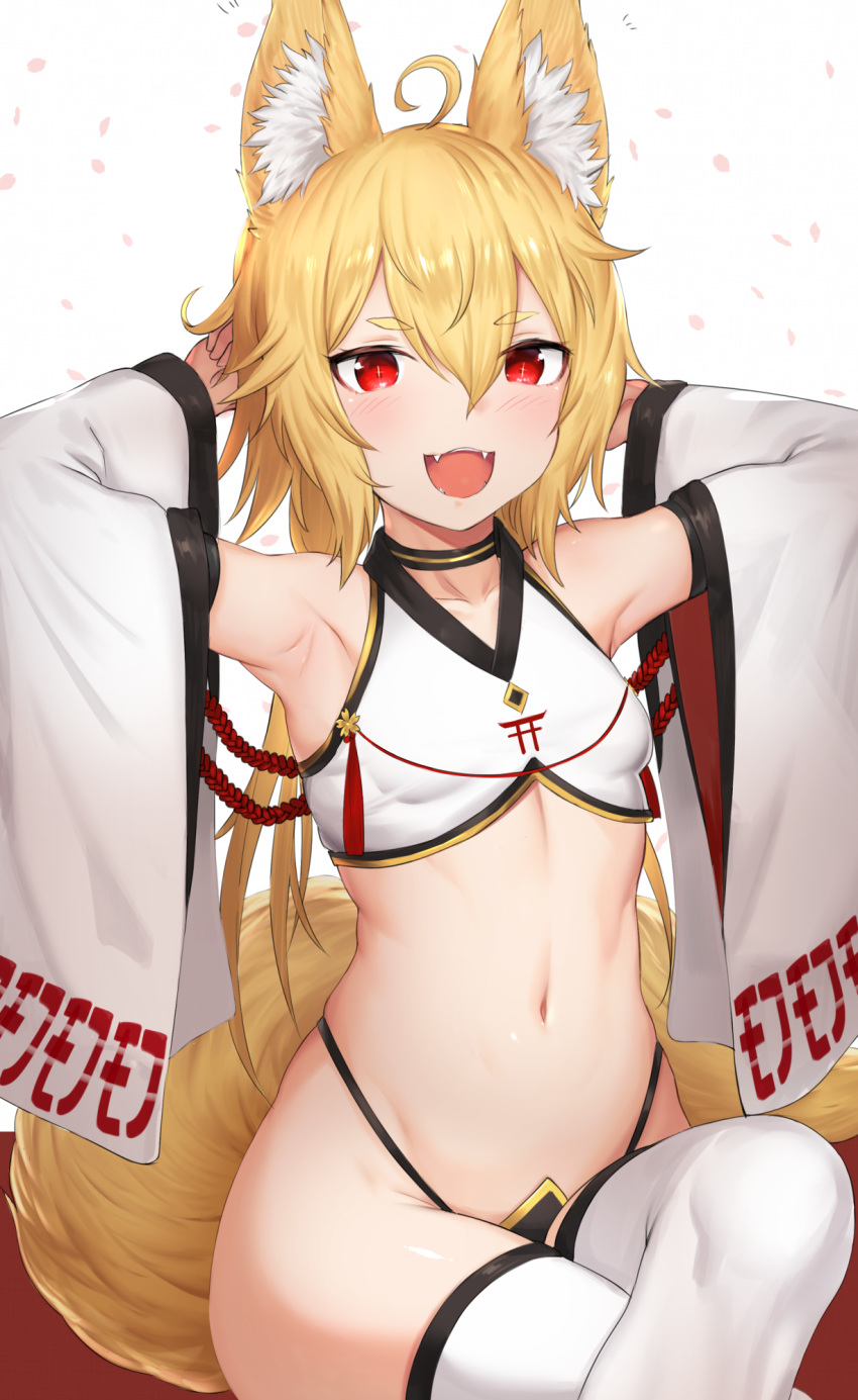 :d ahoge animal_ear_fluff animal_ears armpits arms_behind_head arms_up bare_shoulders black_choker black_panties blonde_hair blush breasts choker collarbone commentary_request crop_top crossed_legs detached_sleeves fangs female fox_ears fox_girl fox_tail hair_between_eyes highleg highleg_panties highres long_hair long_sleeves looking_at_viewer mathew_(srmmk_mce) navel open_mouth original panties petals red_eyes simple_background sitting small_breasts smile solo stomach tail thick_eyebrows thighhighs thighs underwear white_background white_thighhighs wide_sleeves