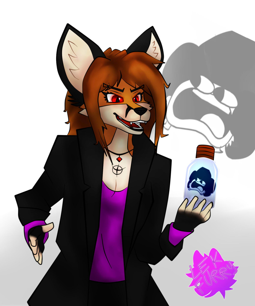 5:6 anthro canid canine duo fangs fox hi_res holding_object humor jewelry lek mammal marjorie_sahriel necklace open_mouth open_smile pendant red_eyes simple_background smile sr_pelo_(character) teeth white_background