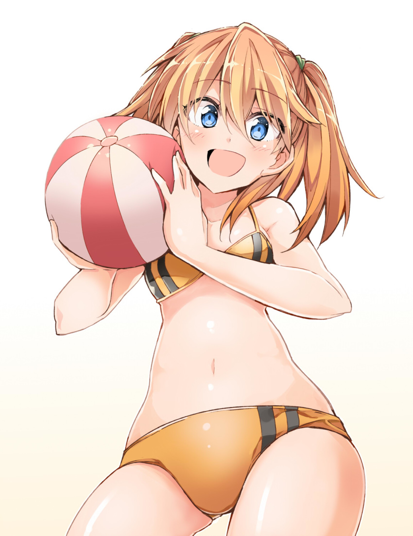 :d ass_visible_through_thighs ball bare_arms bare_shoulders beachball bibi02 bikini blonde_hair blue_eyes blush breasts cowboy_shot female from_below hair_between_eyes hair_ornament highres holding holding_ball holding_beachball looking_at_viewer medium_breasts medium_hair navel open_mouth orange_bikini original simple_background smile solo suzume_(bibi) swimsuit twintails two-tone_bikini white_background