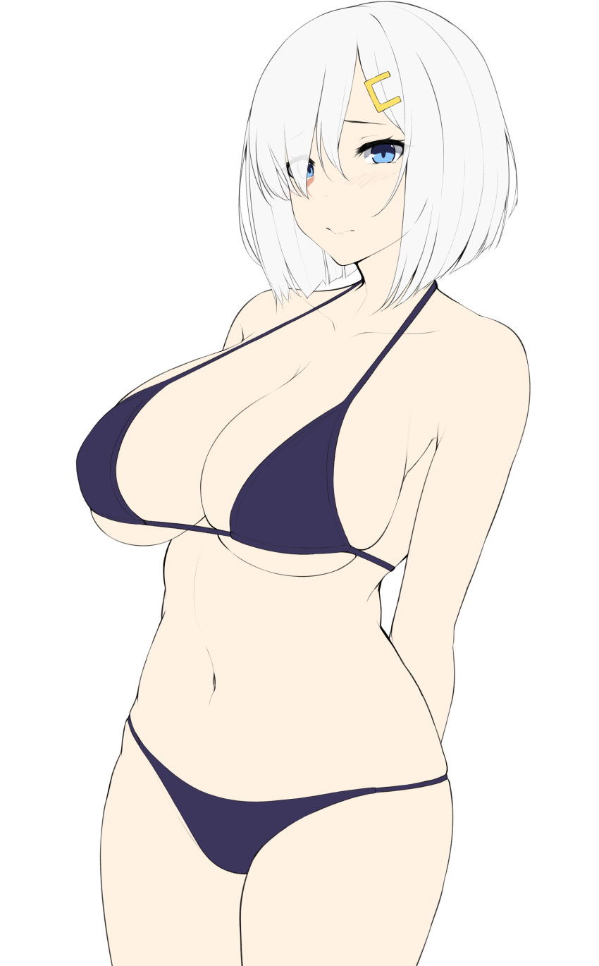 absurdres arms_behind_back bikini black_bikini blue_eyes breasts cleavage collarbone commentary_request cowboy_shot female flat_color hair_ornament hair_over_one_eye hairclip hamakaze_(kancolle) highres kantai_collection kusahagane large_breasts navel short_hair simple_background solo swimsuit unfinished white_background white_hair