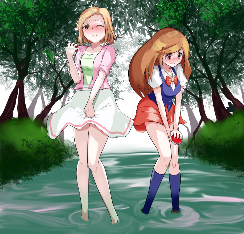 2girls aroma_lady_(pokemon) bangs between_legs blonde_hair blue_legwear blue_vest blush bow bowtie breasts brown_eyes brown_footwear brown_hair closed_mouth collarbone creatures_(company) embarrassed eyebrows_visible_through_hair female game_freak grass green_shirt hair_ornament hairclip hand_between_legs hand_up have_to_pee highres holding holding_poke_ball jacket kneehighs knees_together_feet_apart lass_(pokemon) long_hair looking_down matching_hair/eyes miniskirt multiple_girls nintendo nose_blush npc_trainer one_eye_closed open_mouth outdoors pink_jacket poke_ball poke_ball_(generic) pokemon pokemon_(game) pokemon_dppt pokemon_frlg red_neckwear red_skirt shirt shoes short_hair short_sleeves skirt small_breasts standing stream sweat swept_bangs teeth tree v_arms vest wading white_footwear white_shirt white_skirt wince zeoraito