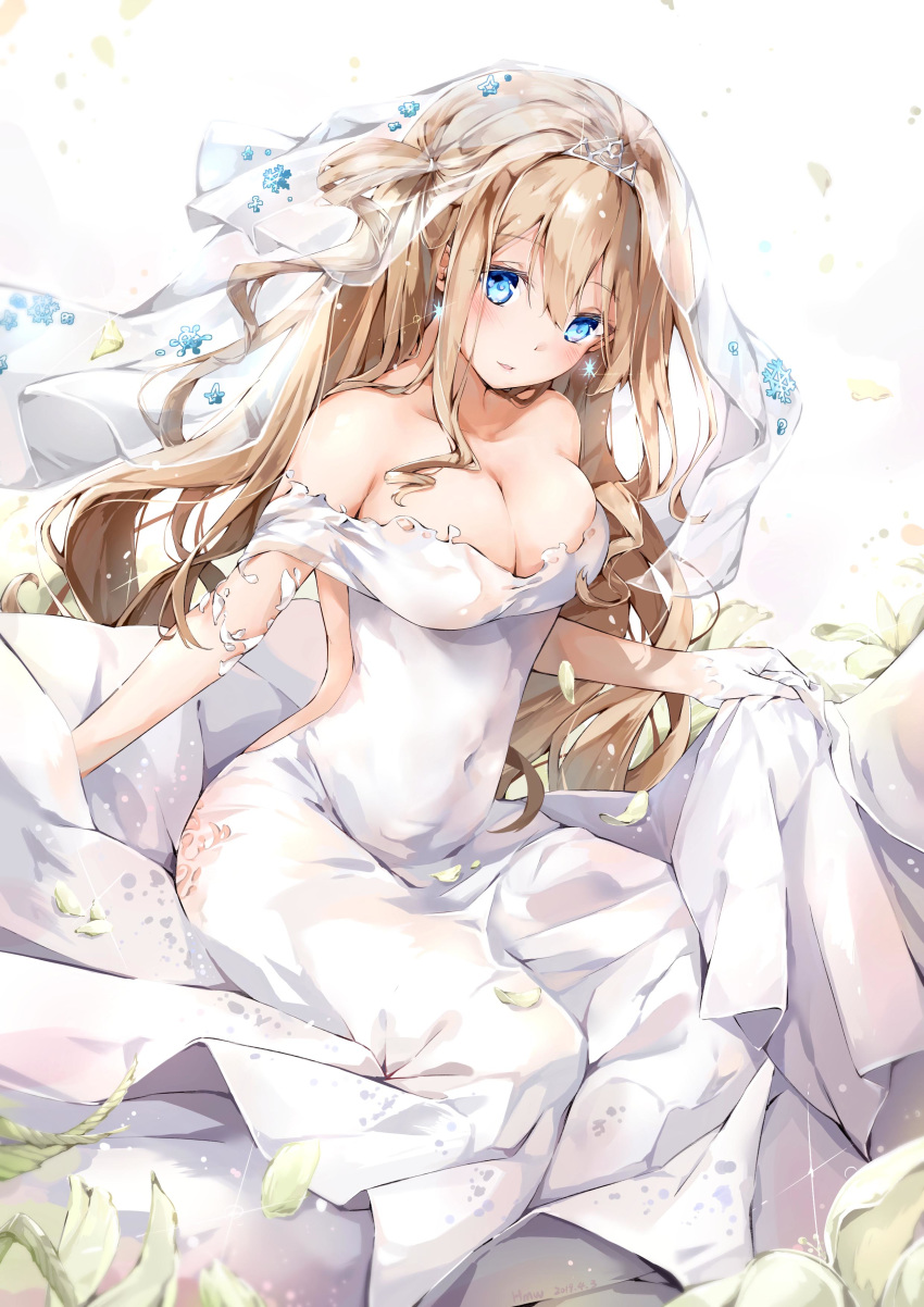 absurdres bare_shoulders blonde_hair blue_eyes blush breasts bridal_veil bride cleavage closed_mouth collarbone commentary_request covered_navel crystal day dema_hmw dress earrings female girls'_frontline glint gloves hair_between_eyes hair_ornament half_gloves has_bad_revision has_downscaled_revision highres jewelry long_hair looking_at_viewer md5_mismatch medium_breasts off-shoulder_dress off_shoulder official_alternate_costume one_side_up outdoors photoshop_(medium) resolution_mismatch sidelocks skirt_hold snowflake_earrings solo source_smaller suomi_(blissful_mission)_(girls'_frontline) suomi_(girls'_frontline) tiara veil wedding_dress white_dress white_gloves