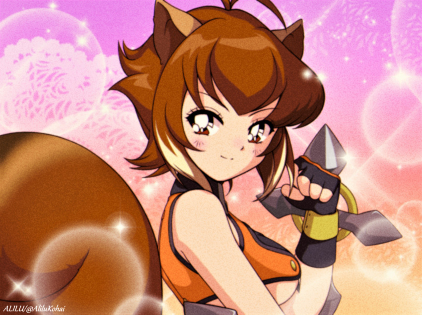 1990s_(style) alilu-chan animal_ears antenna_hair blazblue breasts brown_eyes closed_mouth commentary_request commission crop_top dual_wielding female fingerless_gloves from_side gloves highres holding light_smile looking_at_viewer looking_to_the_side makoto_nanaya multicolored_hair orange_skirt parody retro_artstyle revealing_clothes short_hair skirt smile solo sparkle sparkling_eyes squirrel_ears squirrel_girl squirrel_tail style_parody tail tonfa twitter_username two-tone_hair underboob upper_body weapon