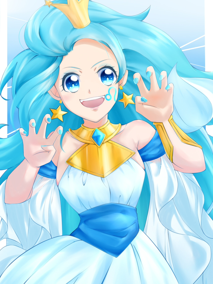 blue_eyes blue_hair claw_pose commentary_request crown detached_sleeves earrings female highres jewelry leo_(symbol) lion_tail mini_crown nail_polish precure princess_leo_(precure) saund_r_pu solo star_(symbol) star_earrings star_princess star_twinkle_precure tail